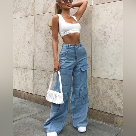 Womens Cargo Jeans Size XL Blue Wide Leg High Rise Multiple Pockets - Picture 2 of 15